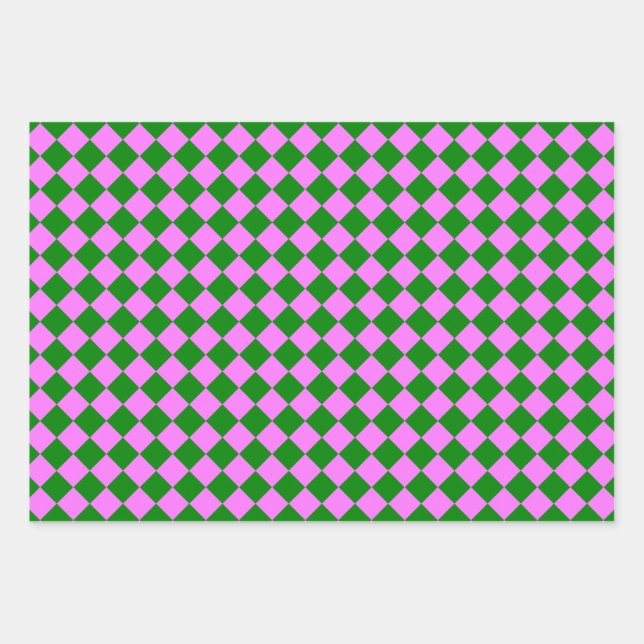 Pink Green Chequered Diamond Pattern Wrapping Paper Sheet (Front)