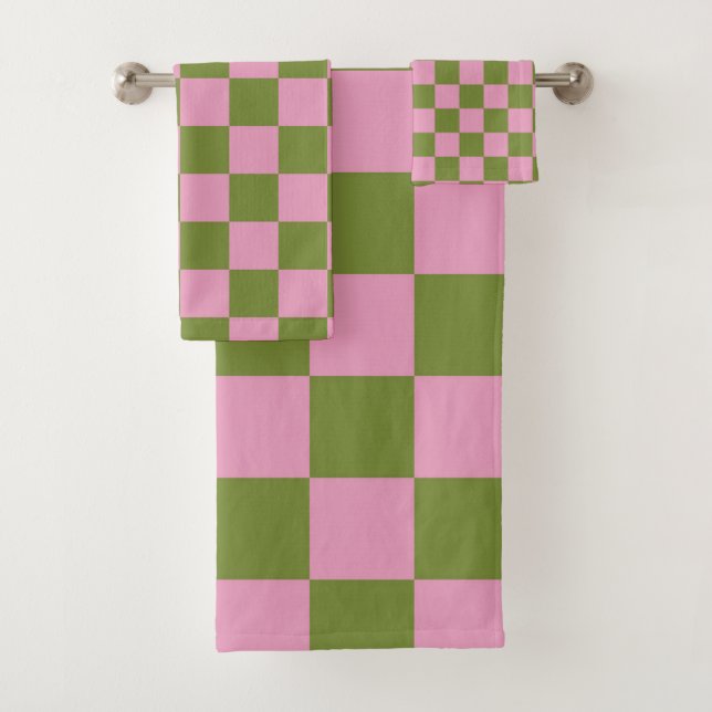 Pink Green Chequered Gingham Pattern Bath Towel Set (Insitu)