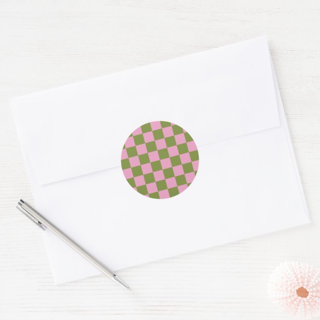Pink Green Chequered Gingham Pattern Classic Round Sticker (Envelope)