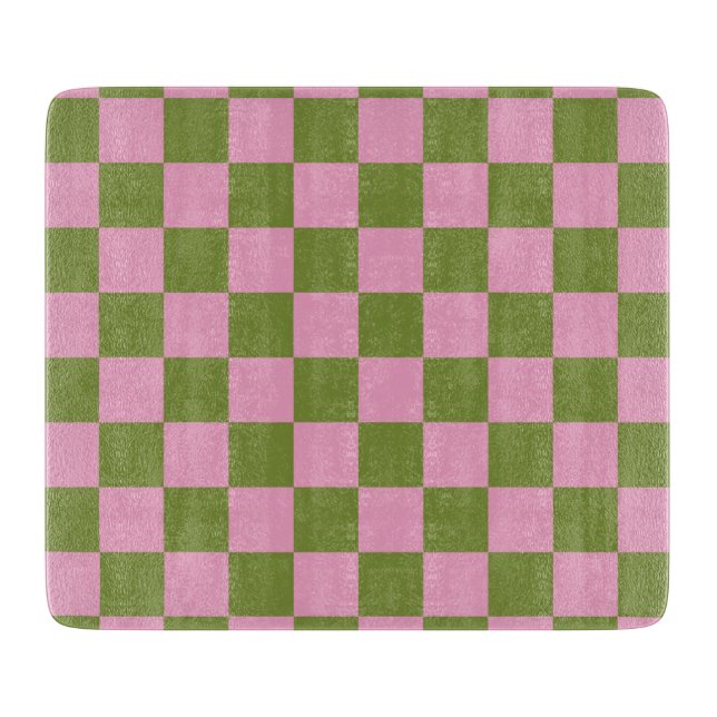 Pink Green Chequered Gingham Pattern Cutting Board (Front)