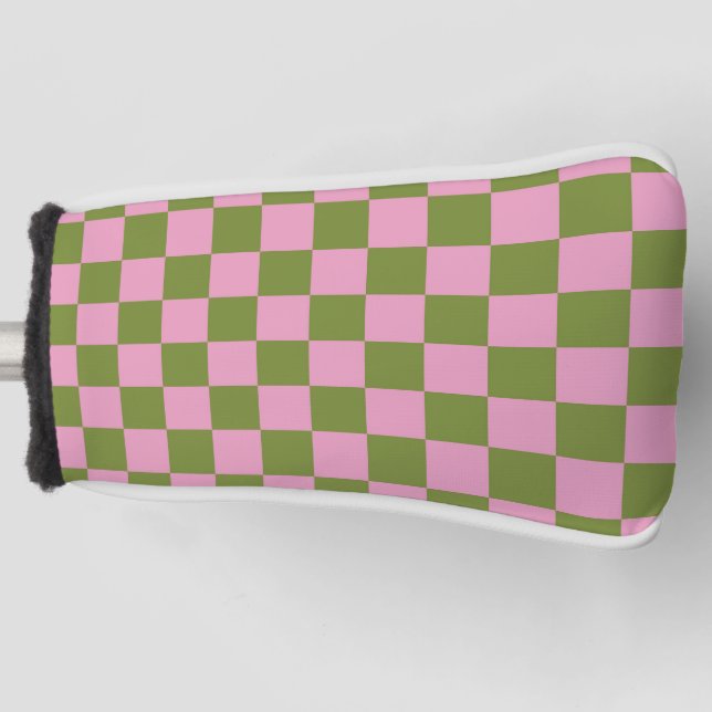Pink Green Chequered Gingham Pattern Golf Head Cover (Front)