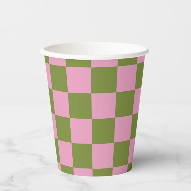 Pink Green Chequered Gingham Pattern Paper Cups (Front)