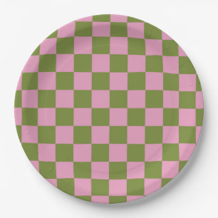 Pink Green Chequered Gingham Pattern Paper Plate
