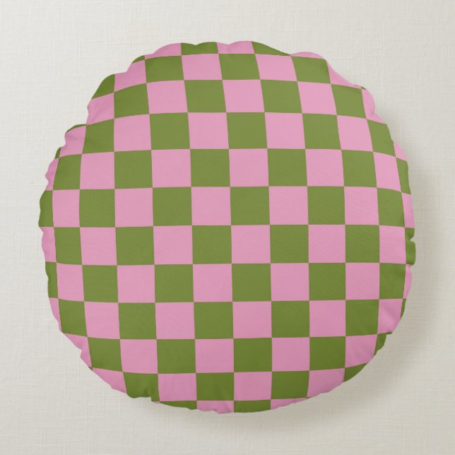 Pink Green Chequered Gingham Pattern Round Cushion (Front)