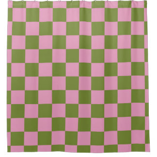 Pink Green Chequered Gingham Pattern Shower Curtain