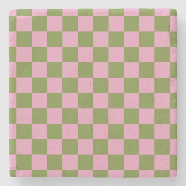 Pink Green Chequered Gingham Pattern Stone Coaster (Front)