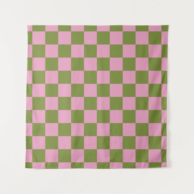 Pink Green Chequered Gingham Pattern Tapestry (Front)