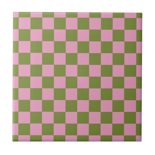 Pink Green Chequered Gingham Pattern Tile (Front)