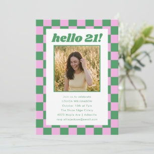Pink Green Chequered Photo Hello 21 Birthday Party Invitation
