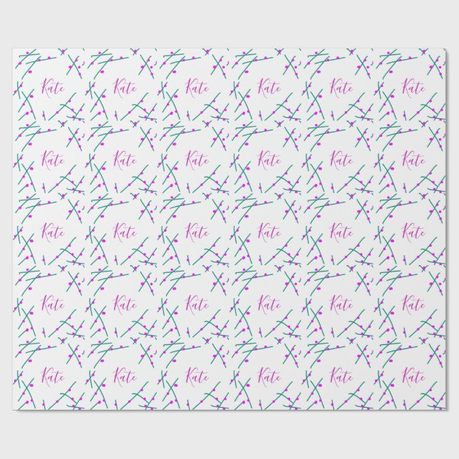 Pink green cherry tree name boho retro rustic bold wrapping paper (Flat)