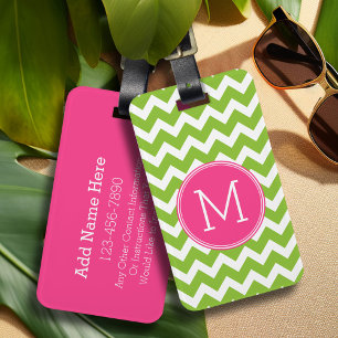 Pink & Green Chevron Pattern with Monogram Luggage Tag