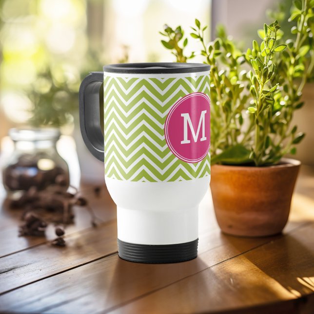 Pink & Green Chevron Pattern with Monogram Travel Mug (Personalized travel mug - add photos and text or customize completely)