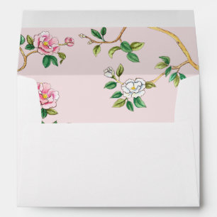 Pink & Green Chinoiserie lined wedding return Envelope