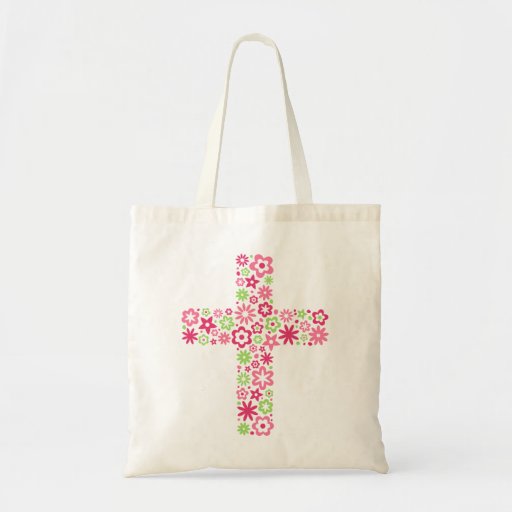 Image of Pink green christian floral flower cross tote bag