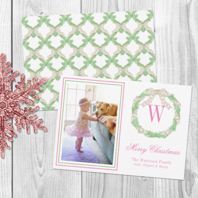 Pink & Green Christmas Bow Wreath Monogram Photo Holiday Card (Creator Uploaded)