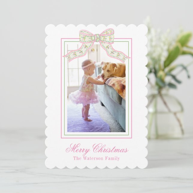 Pink & Green Christmas Butterfly Bow Photo Holiday Card (Standing Front)
