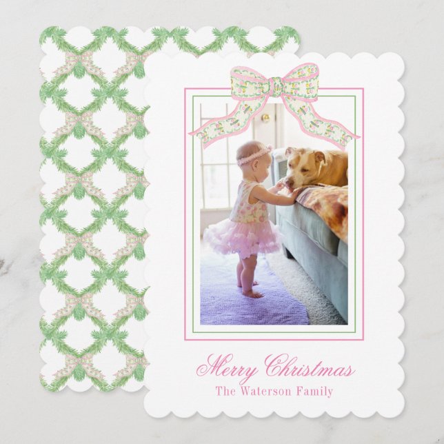 Pink & Green Christmas Butterfly Bow Photo Holiday Card (Front/Back)