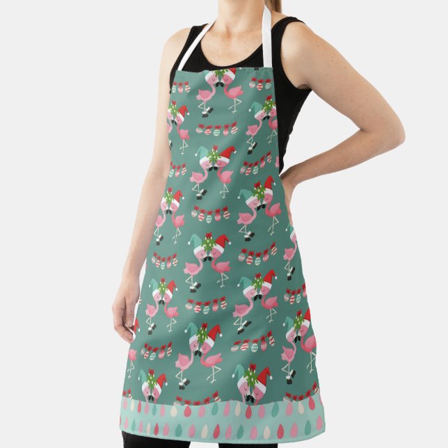 PINK & GREEN CHRISTMAS FLAMINGOS WITH ORNAMENTS APRON (Insitu)