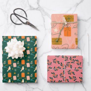 Pink Green Christmas Set of 3 Wrapping Paper Sheet