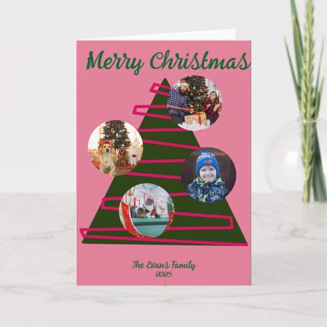 Pink & green Christmas tree Card (Front)