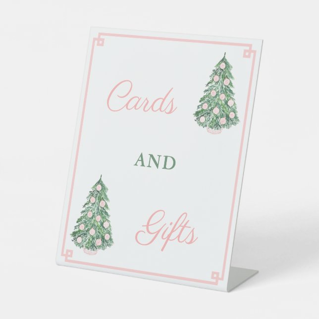 Pink & Green Christmas Tree Cards And Gifts Party Pedestal Sign (Front)