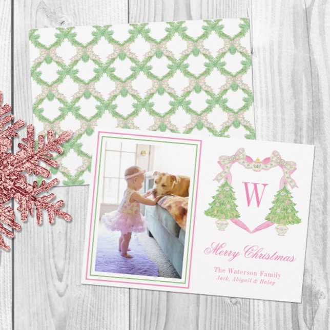 Pink & Green Christmas Tree Monogram Crest Photo Holiday Card (Creator Uploaded)