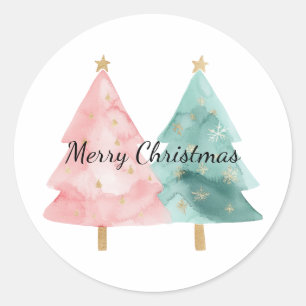 Pink Green Christmas Trees Classic Round Sticker