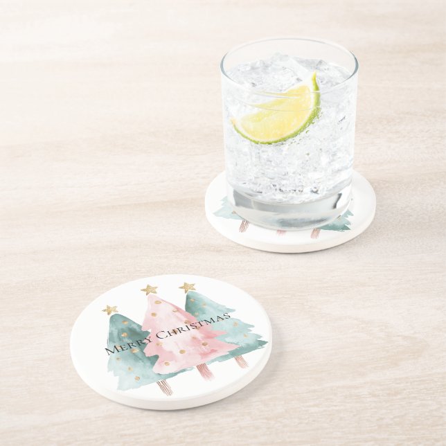 Pink Green Christmas Trees Gold Stars Coaster (Side)