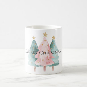 Pink Green Christmas Trees Gold Stars Coffee Mug
