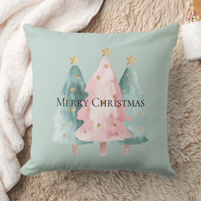 Pink Green Christmas Trees Gold Stars Cushion (Blanket)