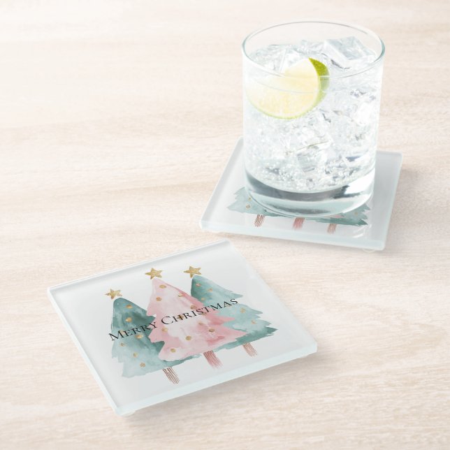 Pink Green Christmas Trees Gold Stars Glass Coaster (Angled)