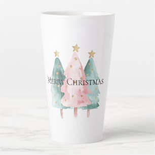 Pink Green Christmas Trees Gold Stars Latte Mug