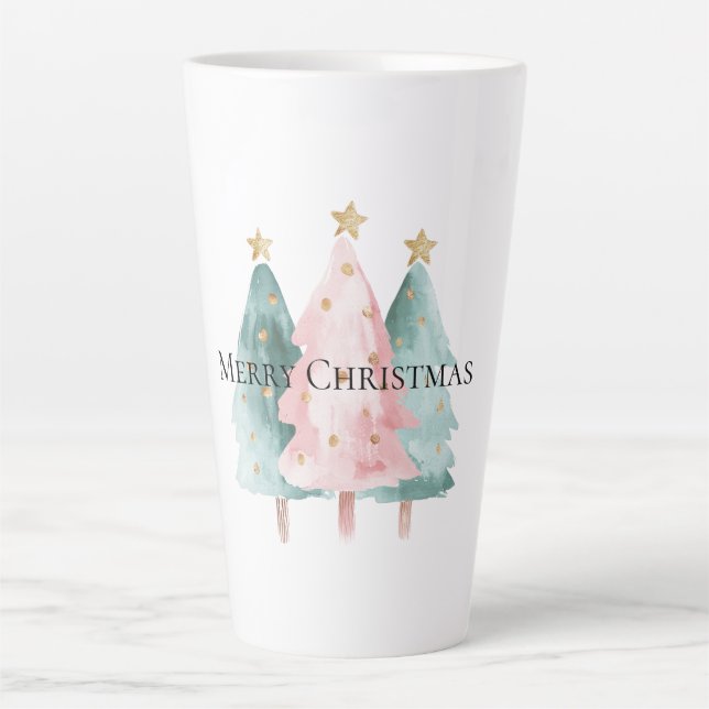 Pink Green Christmas Trees Gold Stars Latte Mug (Front)