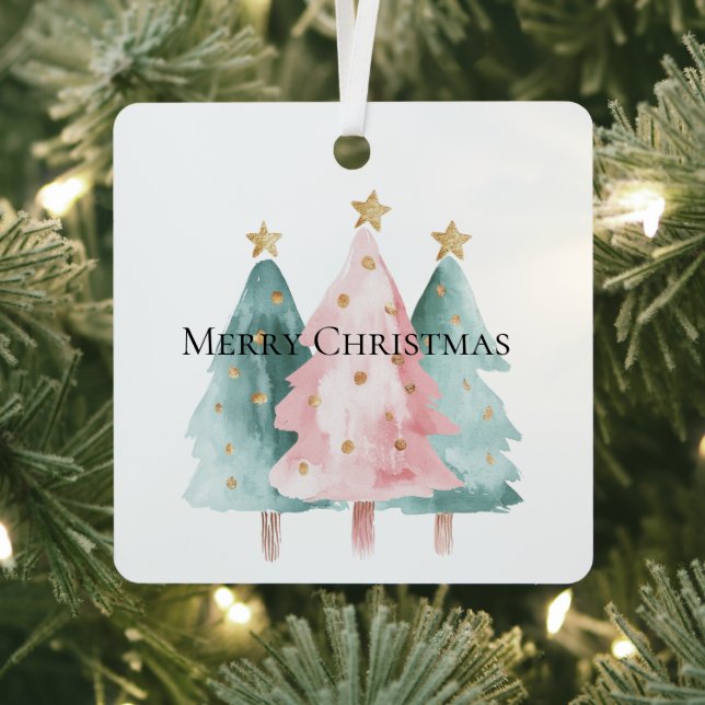Pink Green Christmas Trees Gold Stars Metal Tree Decoration (Insitu)