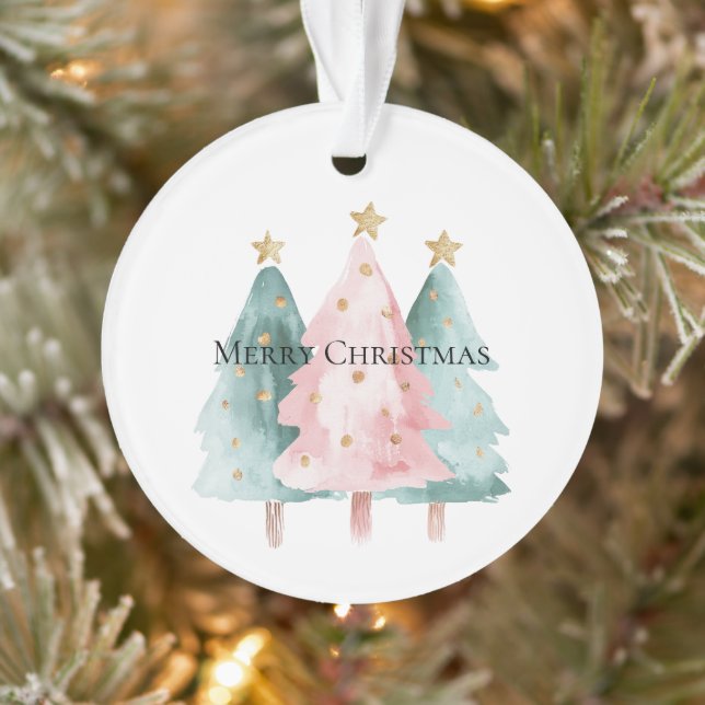 Pink Green Christmas Trees Gold Stars Ornament (Tree)
