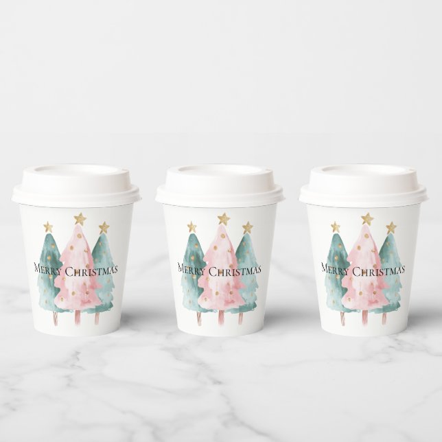 Pink Green Christmas Trees Gold Stars Paper Cups (Multi)