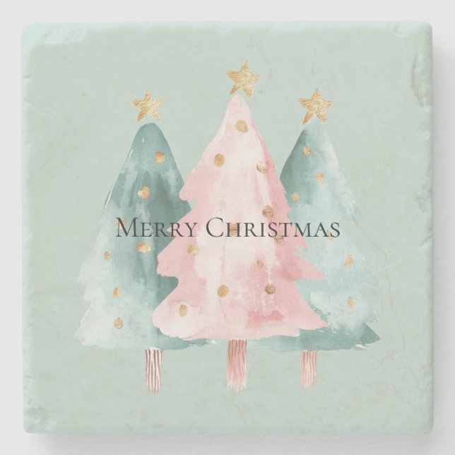 Pink Green Christmas Trees Gold Stars Stone Coaster (Front)