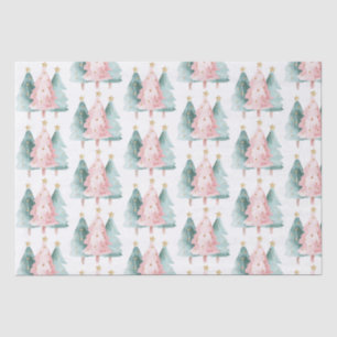 Pink Green Christmas Trees Gold Stars Tissue Paper