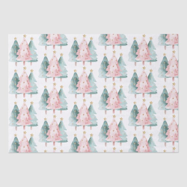 Pink Green Christmas Trees Gold Stars Tissue Paper (Front)
