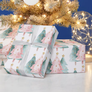 Pink Green Christmas Trees Gold Stars Wrapping Paper