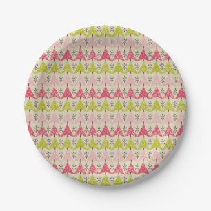 Pink & green Christmas trees Paper Plate