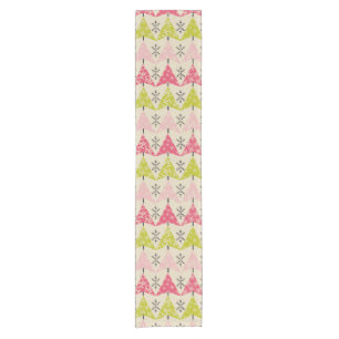 Pink & green Christmas trees with snowflakes Short Table Runner
