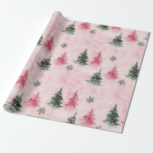 Pink Green Christmas Trees Wrapping Paper