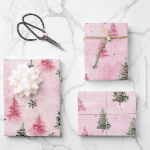 Pink Green Christmas Trees Wrapping Paper Sheet