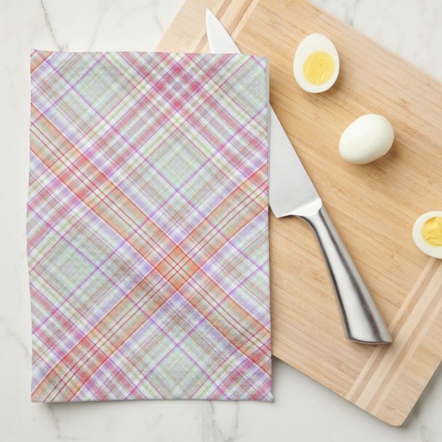 Pink Green Classic Elegant Geometric Plaid Pattern Tea Towel (Quarter Fold)
