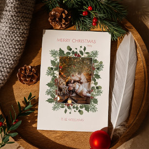 Pink & Green Classic Floral Frame Christmas Photo Holiday Card