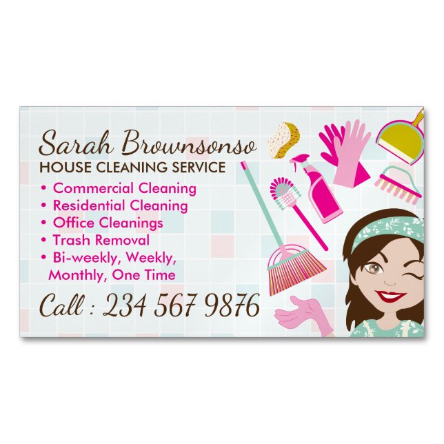 Pink Green Cleaning Service Lady Tile Washing Magnetic Business Card (Front)