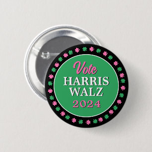 Pink Green Clover 2024 Vote Harris Walz 6 Cm Round Badge