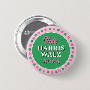 Pink Green Clover 2024 Vote Harris Walz 6 Cm Round Badge