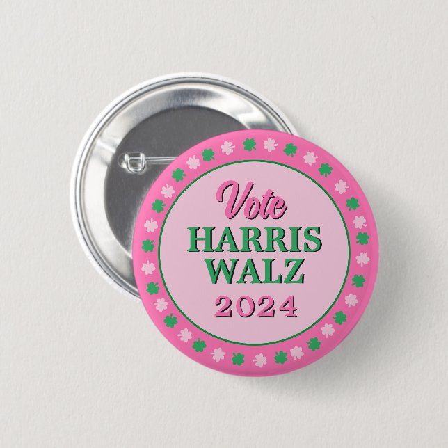 Pink Green Clover 2024 Vote Harris Walz 6 Cm Round Badge (Front & Back)